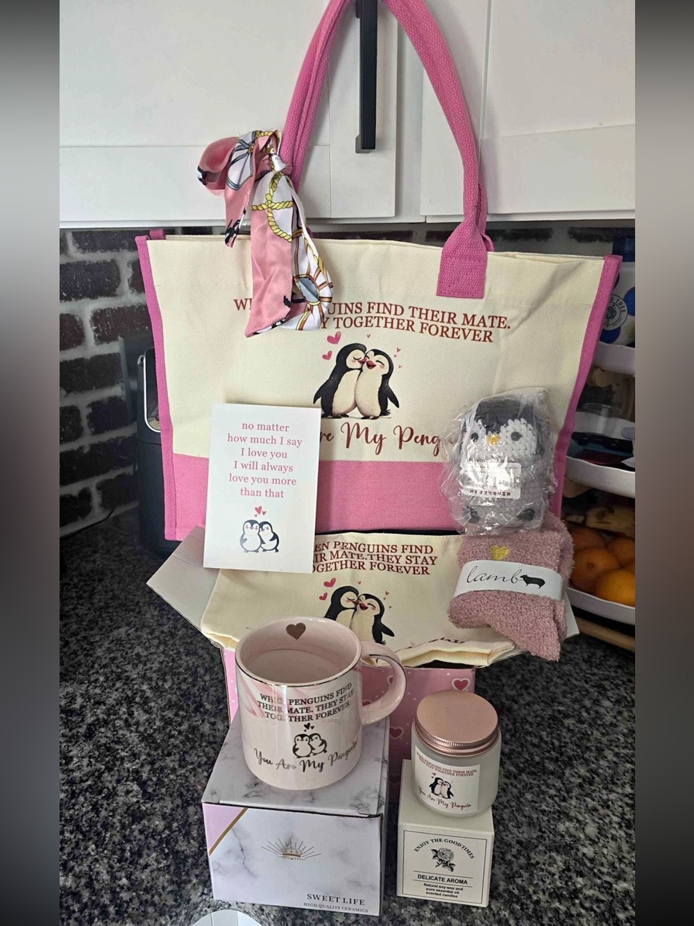 Pink & Cream Penguin Gift Set Tote with Mug and Candle
